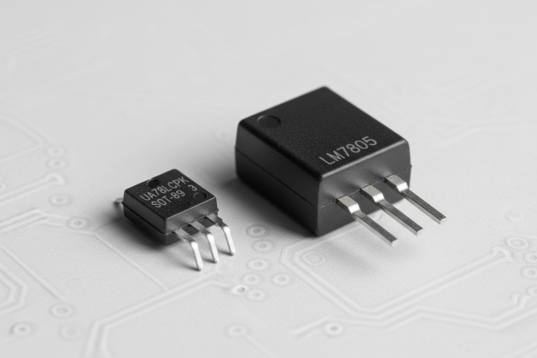 UA78L05CPK vs LM7805 voltage regulator comparison — SOT-89-3 SMD vs TO-220 through-hole package